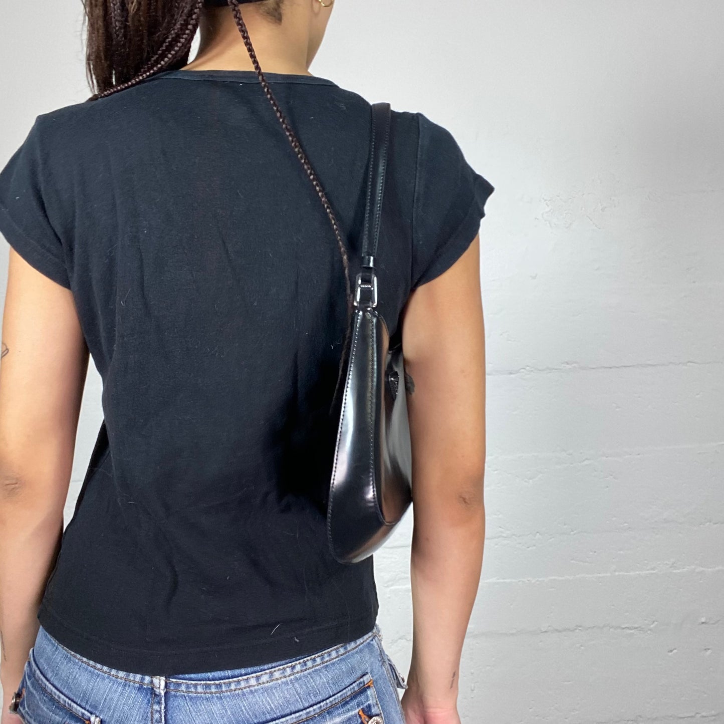 Vintage 2000's Elite Model Off Duty Black Top with White Brand Print (S)