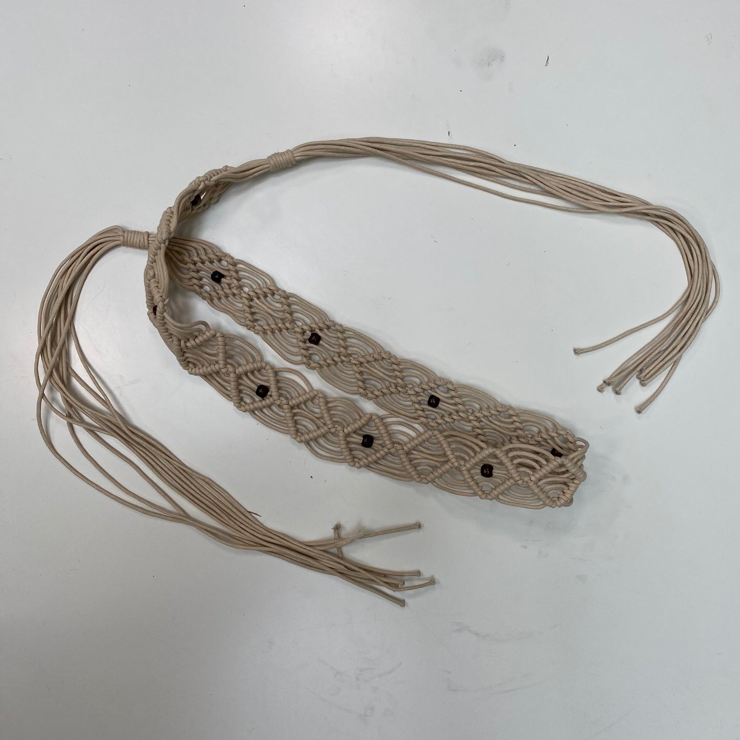 Vintage 2000's Boho Beige Tie Belt with Wood Beads