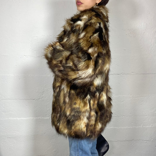 Vintage 90's Mob Wife Brown Mid Faux Fluffy Jacket with Tricolor Detail (M)