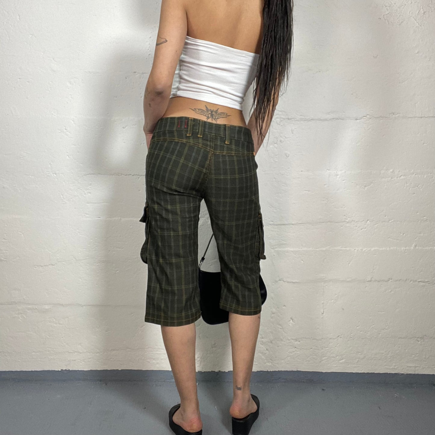 Vintage 2000's Cyber Brown Low Waist Cargo Jorts Pants with Checkered Print and Orange Contrast Seam Detail (S)