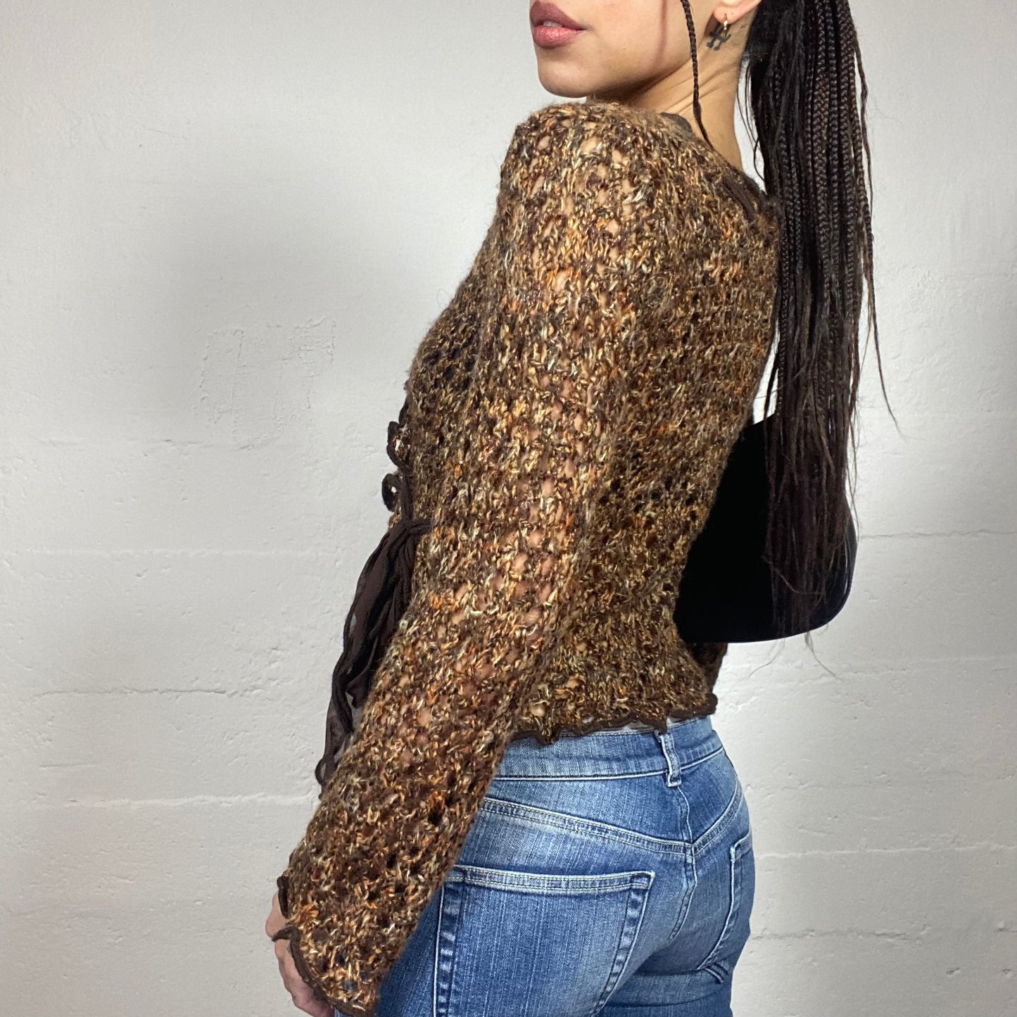 Vintage 2000's Whimsigoth Brown Knit Cardigan with Wrapped Lace Up (S)