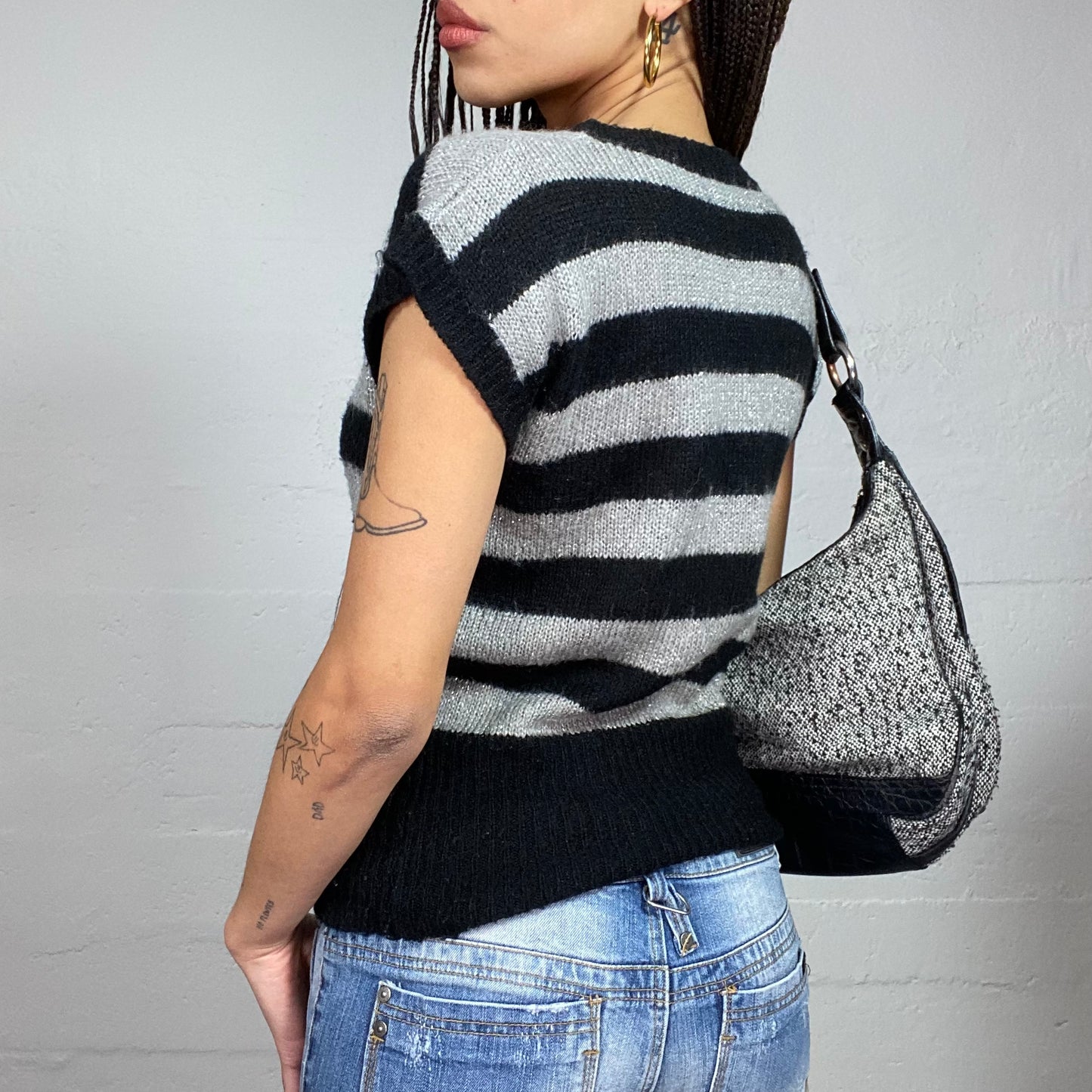 Vintage 2000's Ballet Grey Knitted Top with Stripped Print and Open Neck Detail (S/M)