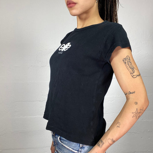 Vintage 2000's Elite Model Off Duty Black Top with White Brand Print (S)