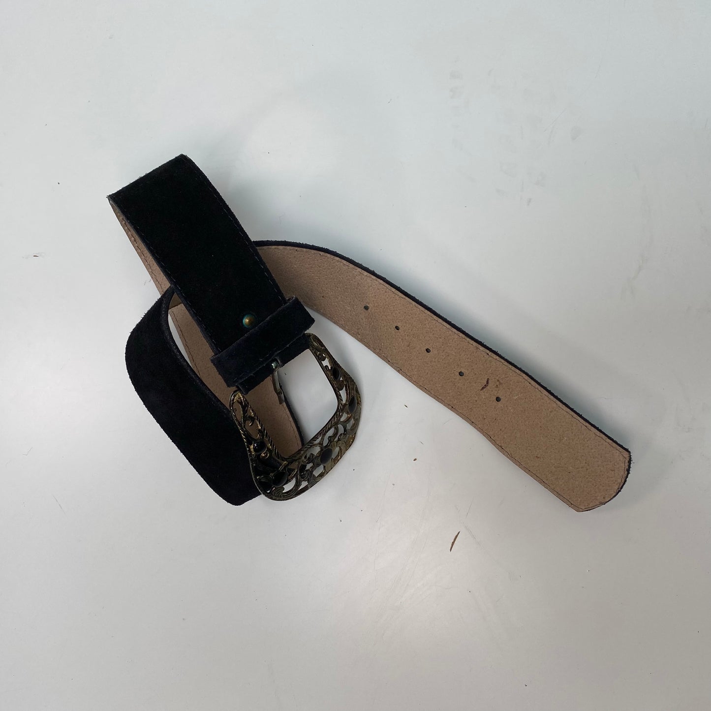 Vintage 2000's Western Faux Suede Black Belt with Big Bras Buckle