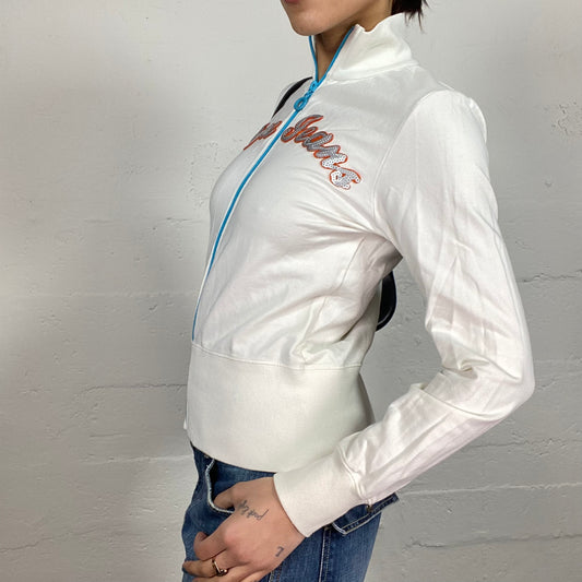 Vintage 2000's Pepe Jeans Sporty White Zip Up Sweater with Brand Name Print (S)
