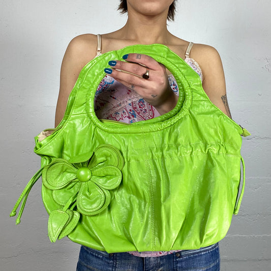 Vintage 2000's Girl-Pop Green Maxi Shoulder Bag with Flower Work Detail