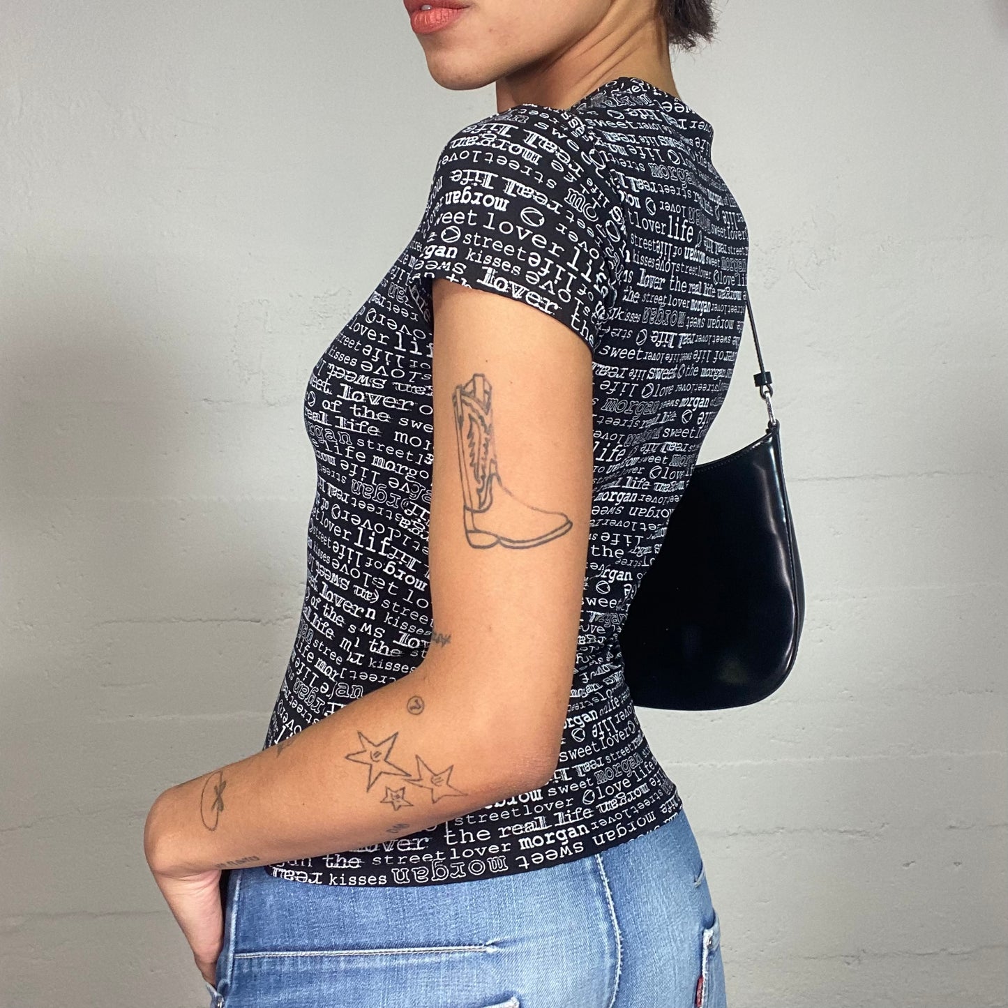 Vintage 2000's Morgan Archive Black Top with White "Sweet Lover" Monogram Print (S)