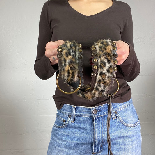 Vintage 2000's Mob Wife Brown Belt with Furry Cheetah Print and Studs Detail