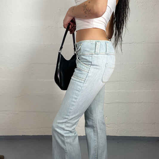 Vintage 2000's Sleaze Light Denim Belted Button Up High Waist Pants with Straight Cut (S)
