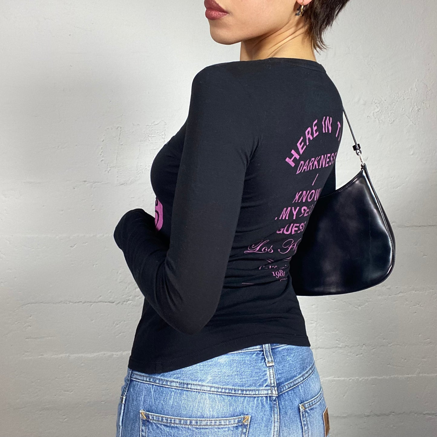 Vintage 2000's Guess Black Longsleeve Top with Pink Newspaper Patch Print (S)