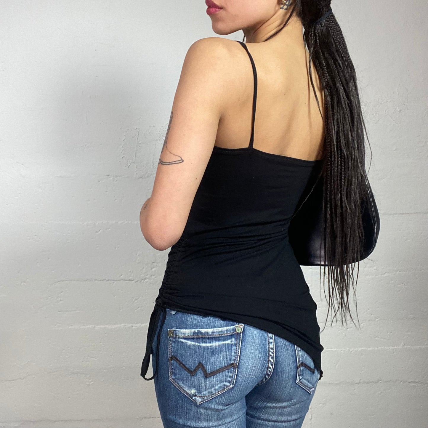 Vintage 2000's Downtown Girl Black Asymmetric Cut Top with Lace Trim Detail (S/M)