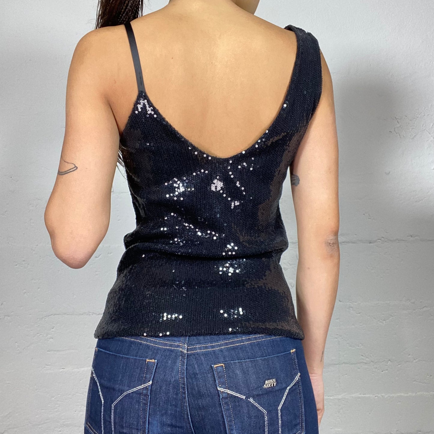 Vintage 2000's Clubwear Black Asymmetric Sleeve Top with Sequins Material (S)