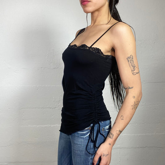 Vintage 2000's Downtown Girl Black Asymmetric Cut Top with Lace Trim Detail (S/M)