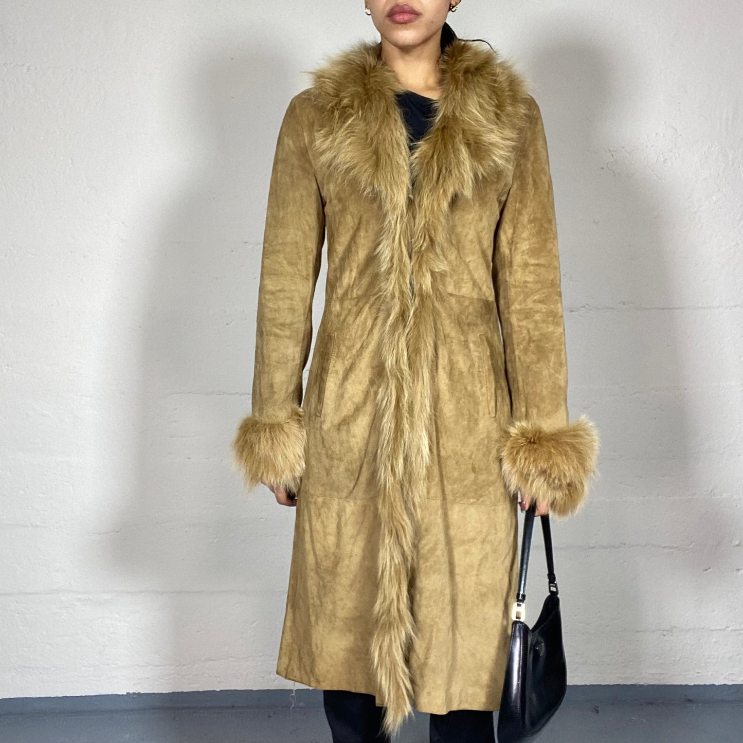 Vintage 2000's Bratz Brown Long Coat with Maxi Faux Fur Trims (S/M)