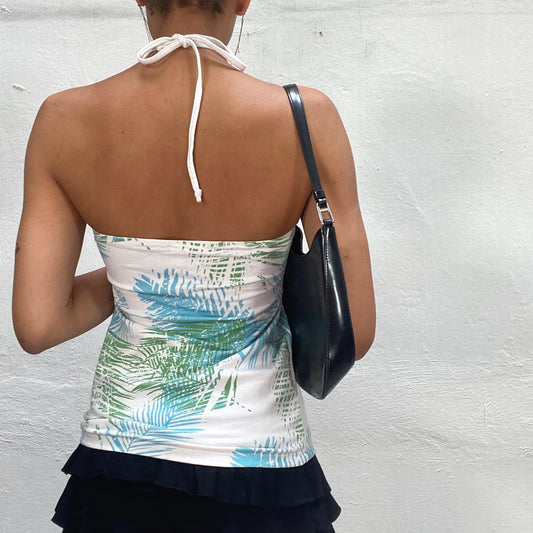 Vintage 2000's Summer White Halter Top with Blue and Green Palm Tree Leaf Print (XS/S)