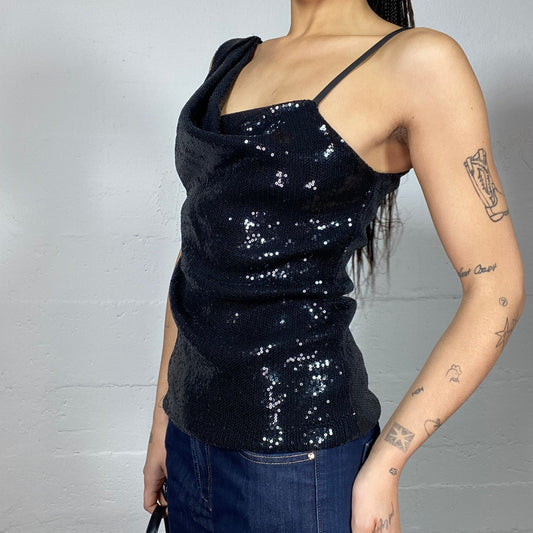 Vintage 2000's Clubwear Black Asymmetric Sleeve Top with Sequins Material (S)