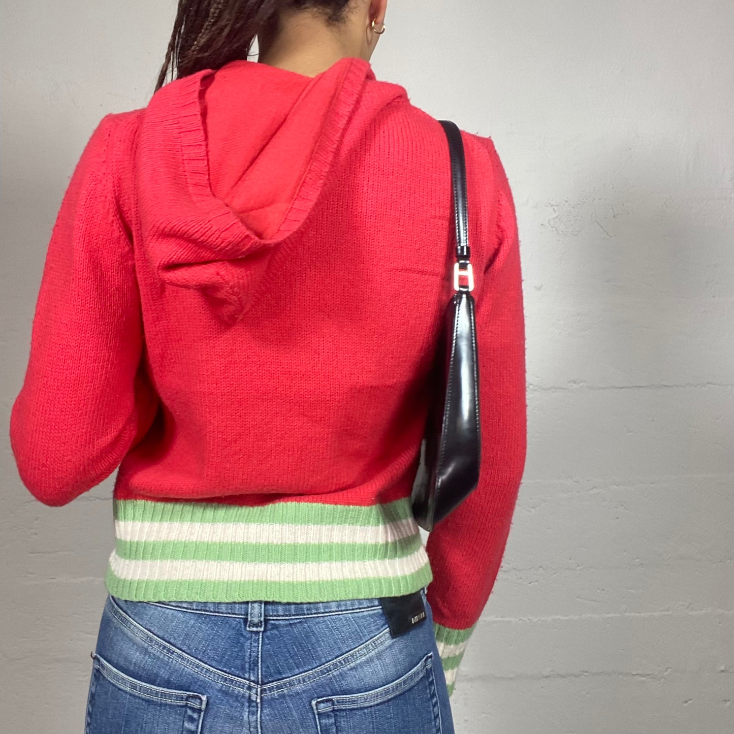 Vintage 2000's Pepe Jeans Downtown Girl Red Zip-Up Knitted Hoodie with Colour Bottom Trims and Brand Print (S)