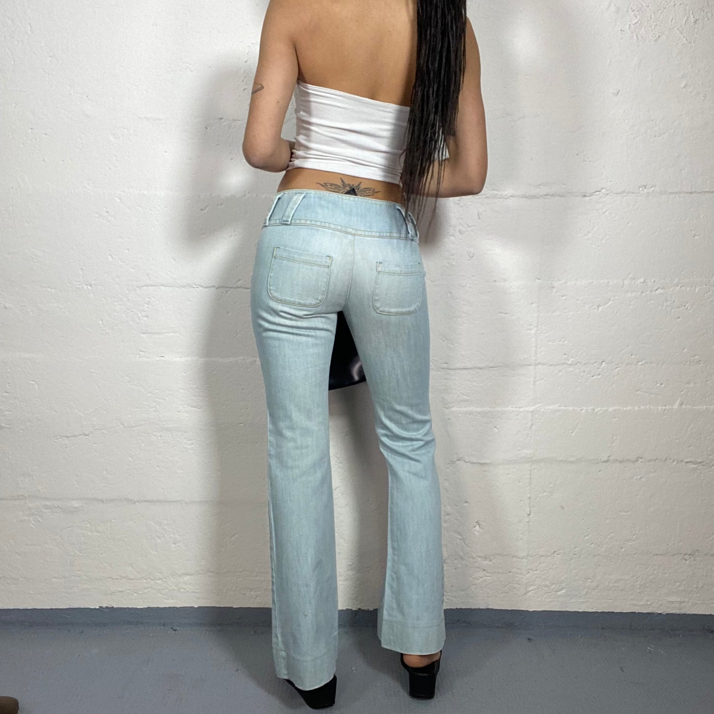 Vintage 2000's Sleaze Light Denim Belted Button Up High Waist Pants with Straight Cut (S)