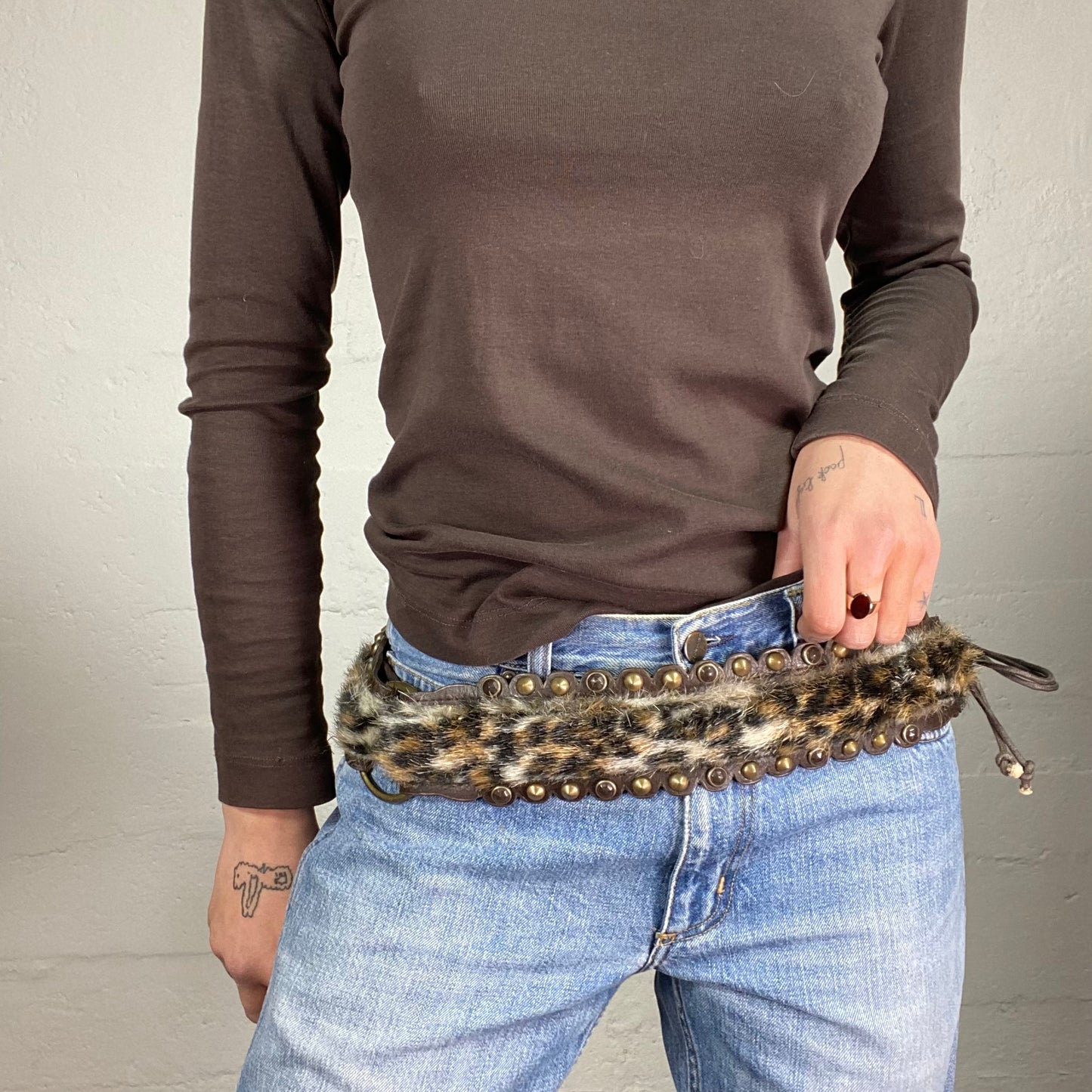 Vintage 2000's Mob Wife Brown Belt with Furry Cheetah Print and Studs Detail