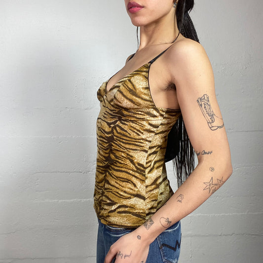 Vintage 2000's Mob Wife Brown Cami Top with Tiger Print Covering (S)