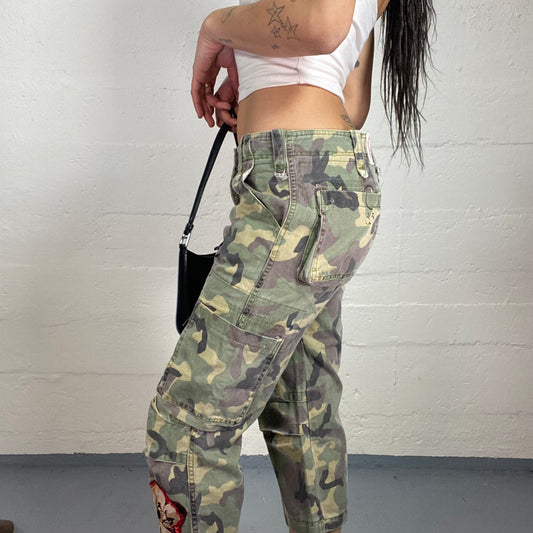 Vintage 2000's Rave Khaki Low Waist Cargo Capri with Camo Print and Orange Flower Detail (S)