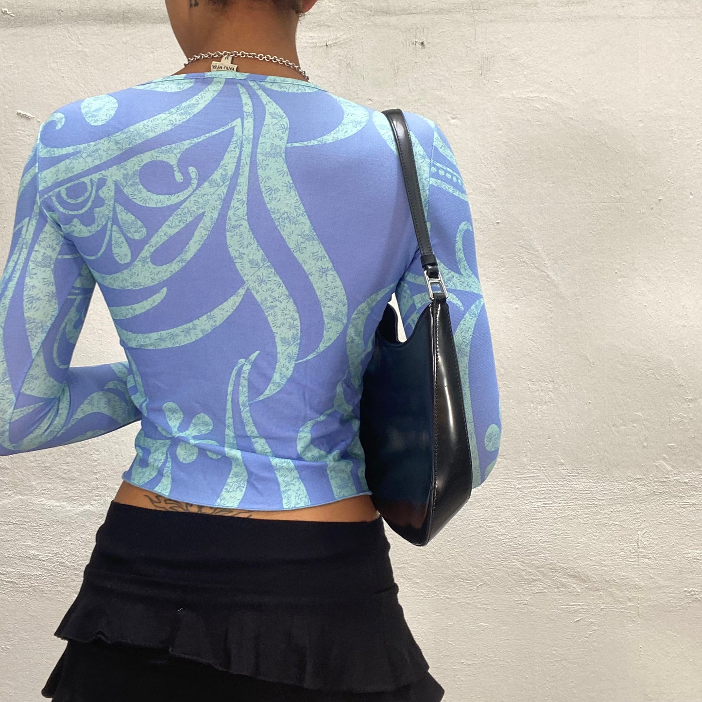 Vintage 90's Indie Blue Longsleeve Top with Green Dreamy Print (XS)
