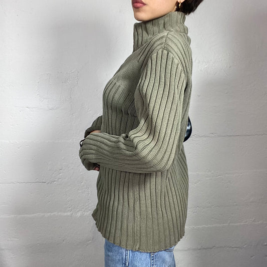 Vintage 2000's Quicksilver Sporty Khaki Knitted Zip Up Jacket with Ribbed Knit Detail (M)