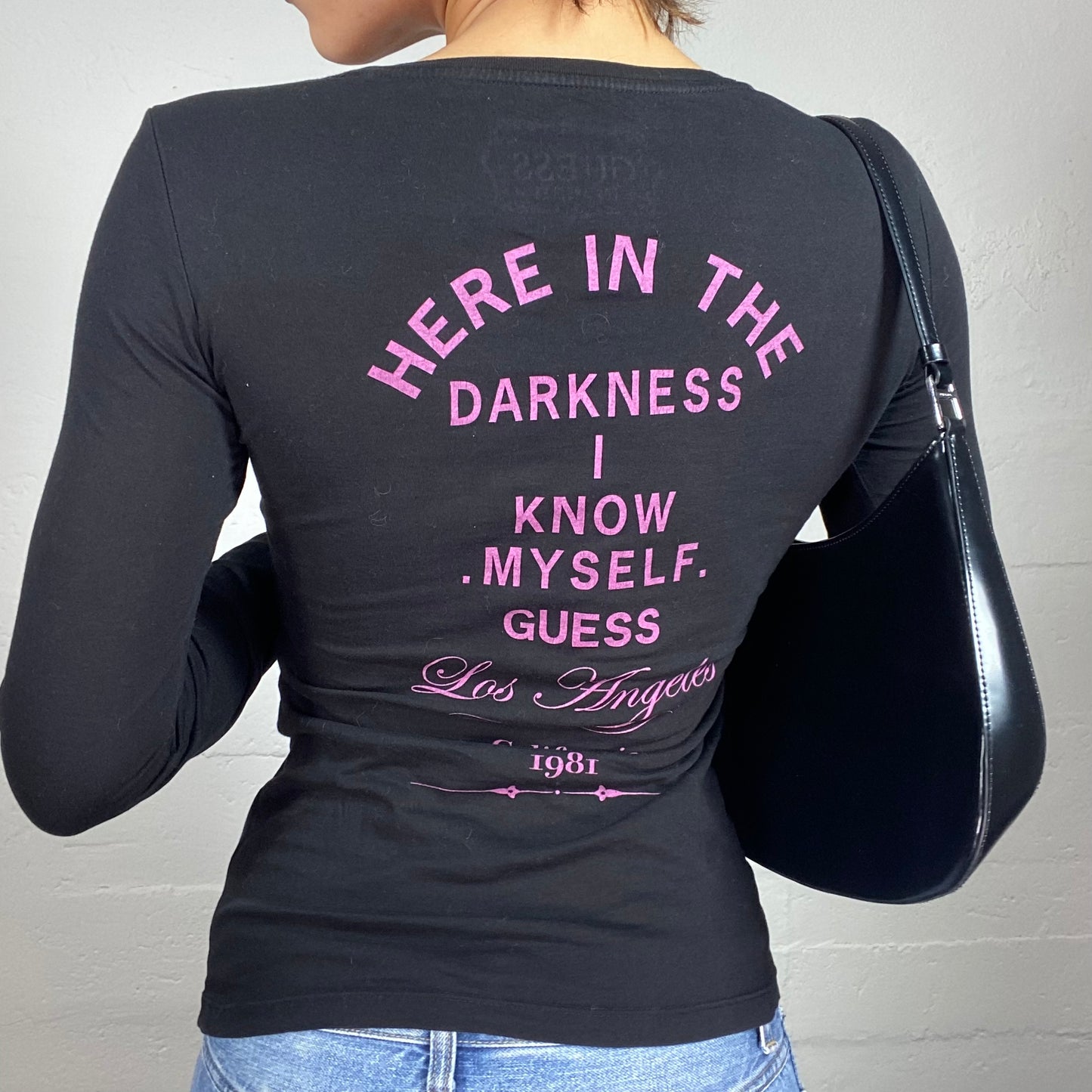 Vintage 2000's Guess Black Off Shoulder Longsleeve Top with Pink "Everyone Should Believe in Something" Sequins Patch Print (S)