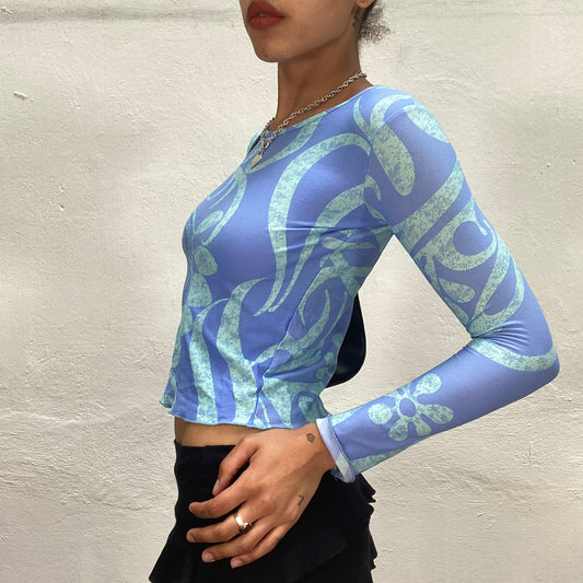 Vintage 90's Indie Blue Longsleeve Top with Green Dreamy Print (XS)