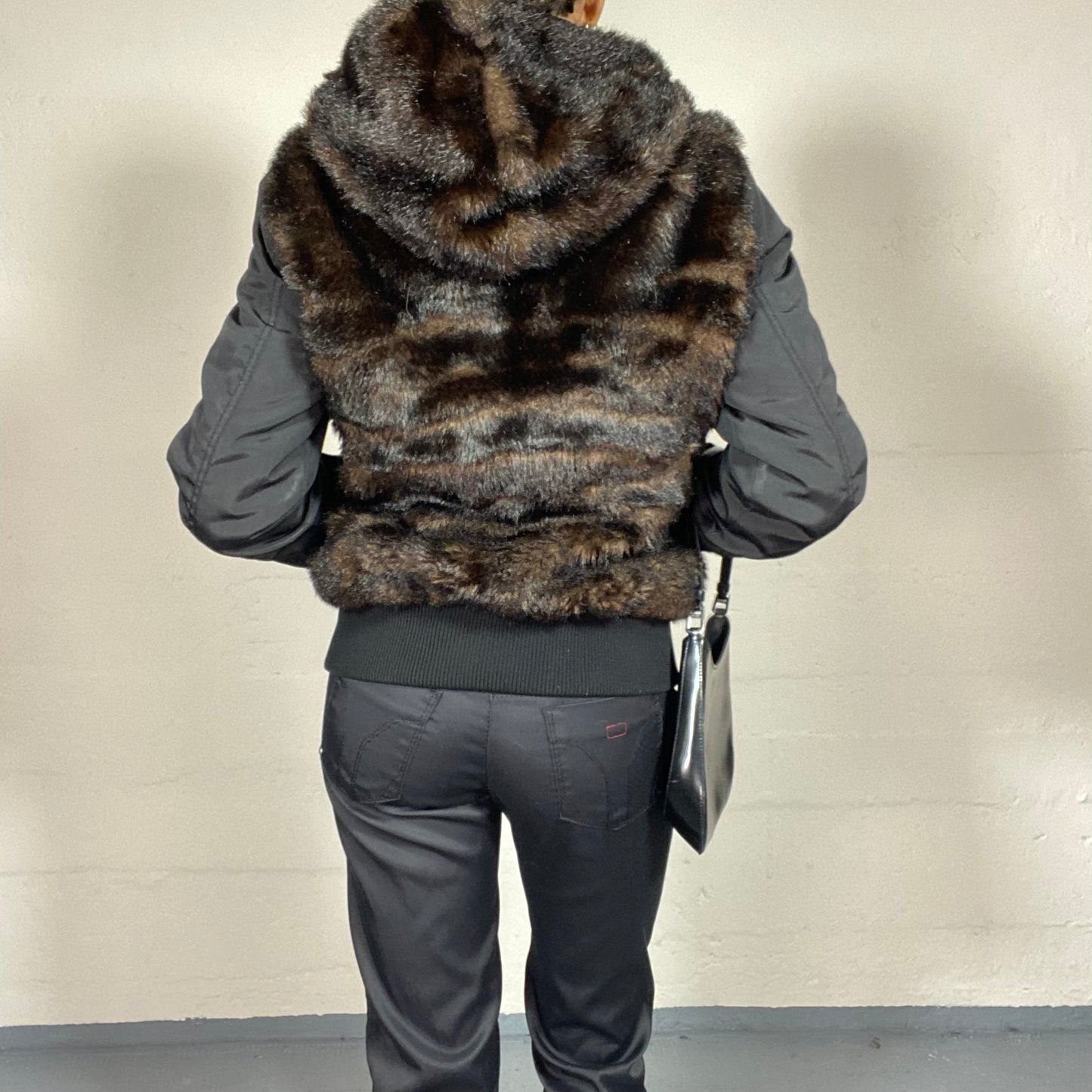 Vintage 2000's Miss Sixty Guido Black Short Coat with Brown Faux Fur Body Covering (S/M)