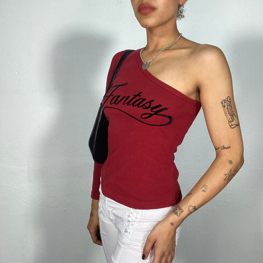 Vintage 2000's Skater Dark Red One Shoulder Top with 'Fantasy' Print (S)