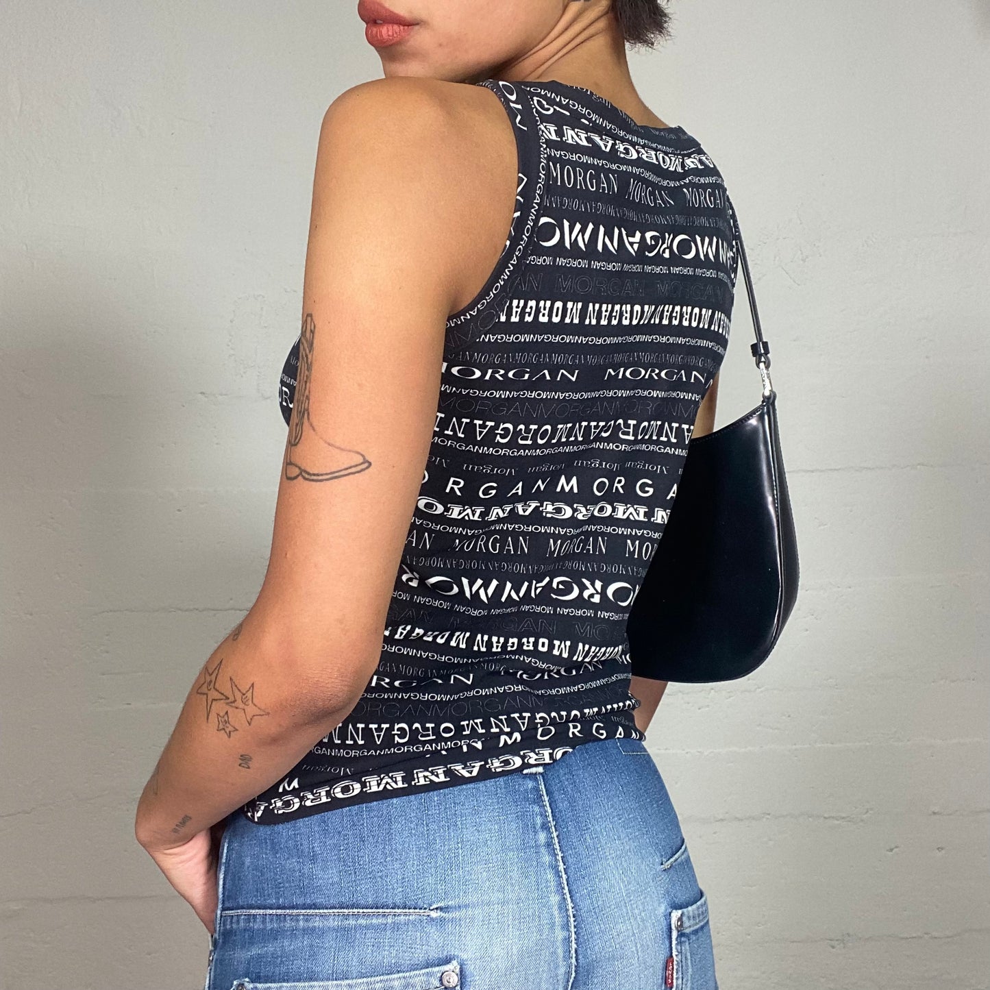 Vintage 2000's Morgan Archive Black Tank Top with White Monogram Print (S)