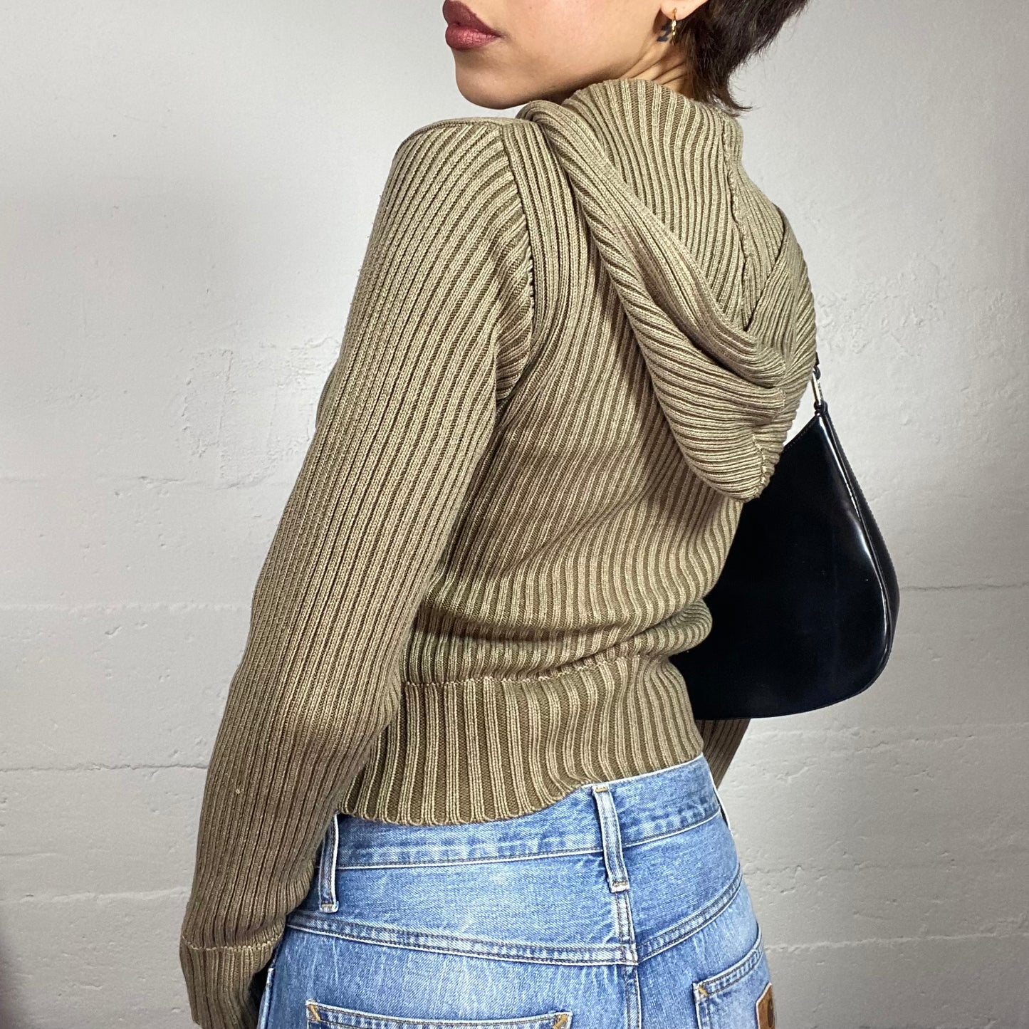 Vintage 2000's Downtown Girl Khaki Knitted Asymmetric Zip Up Jacket with Ribbed Knit Detail (S)
