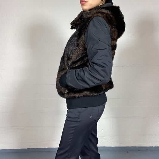 Vintage 2000's Miss Sixty Guido Black Short Coat with Brown Faux Fur Body Covering (S/M)