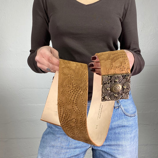 Vintage 2000's Cow-Girl Brown Leather Belt with Square Goldsmith Work Detail