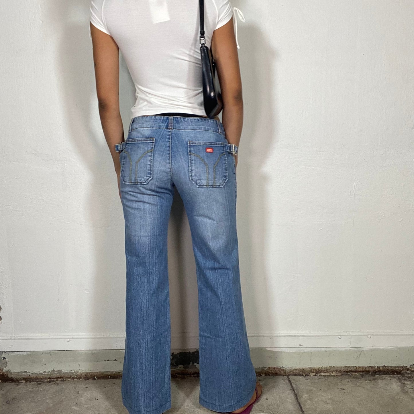 Vintage 2000's Downtown Girl Low Waist Boot Cut Jeans with Belted Side Detail (S)