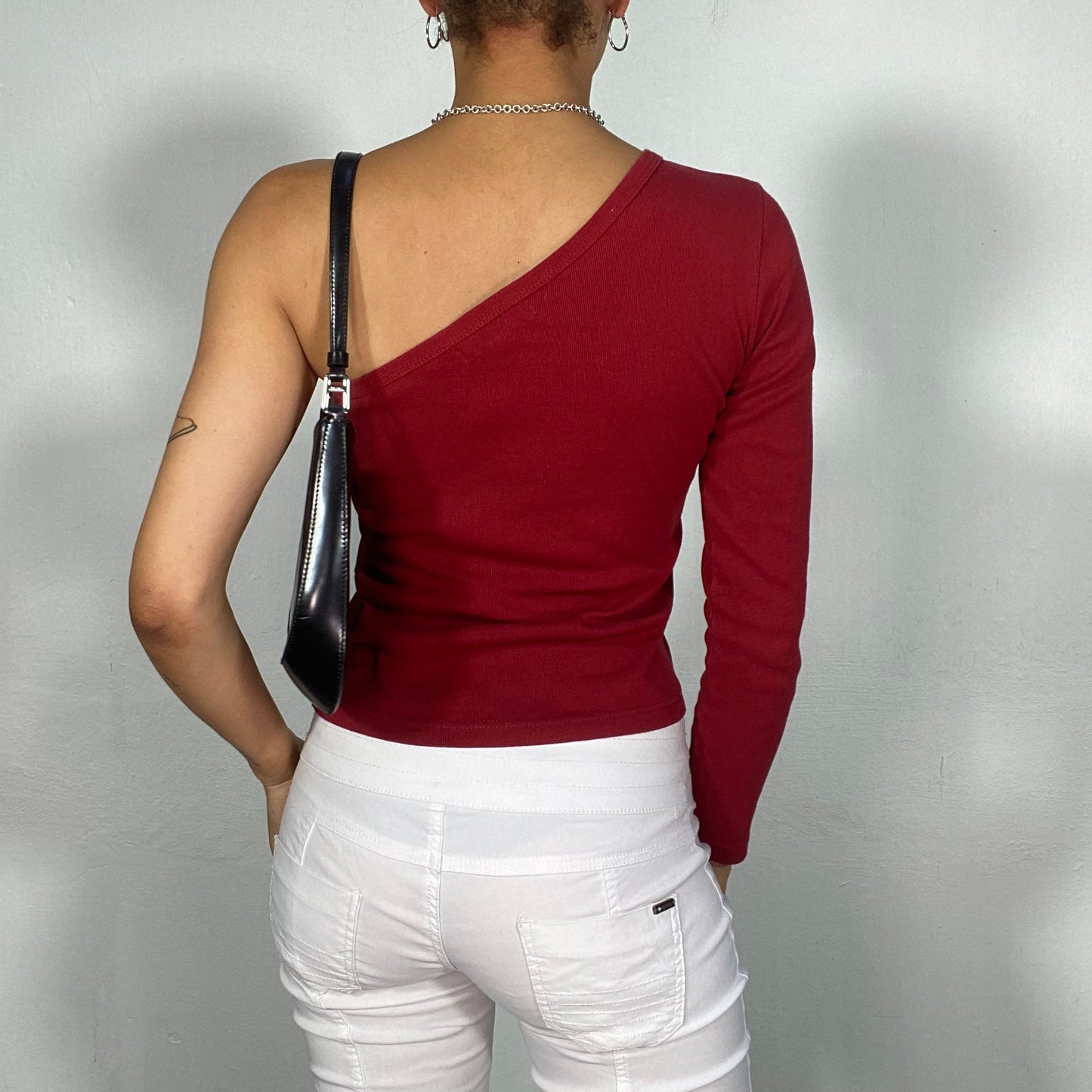 Vintage 2000's Skater Dark Red One Shoulder Top with 'Fantasy' Print (S)