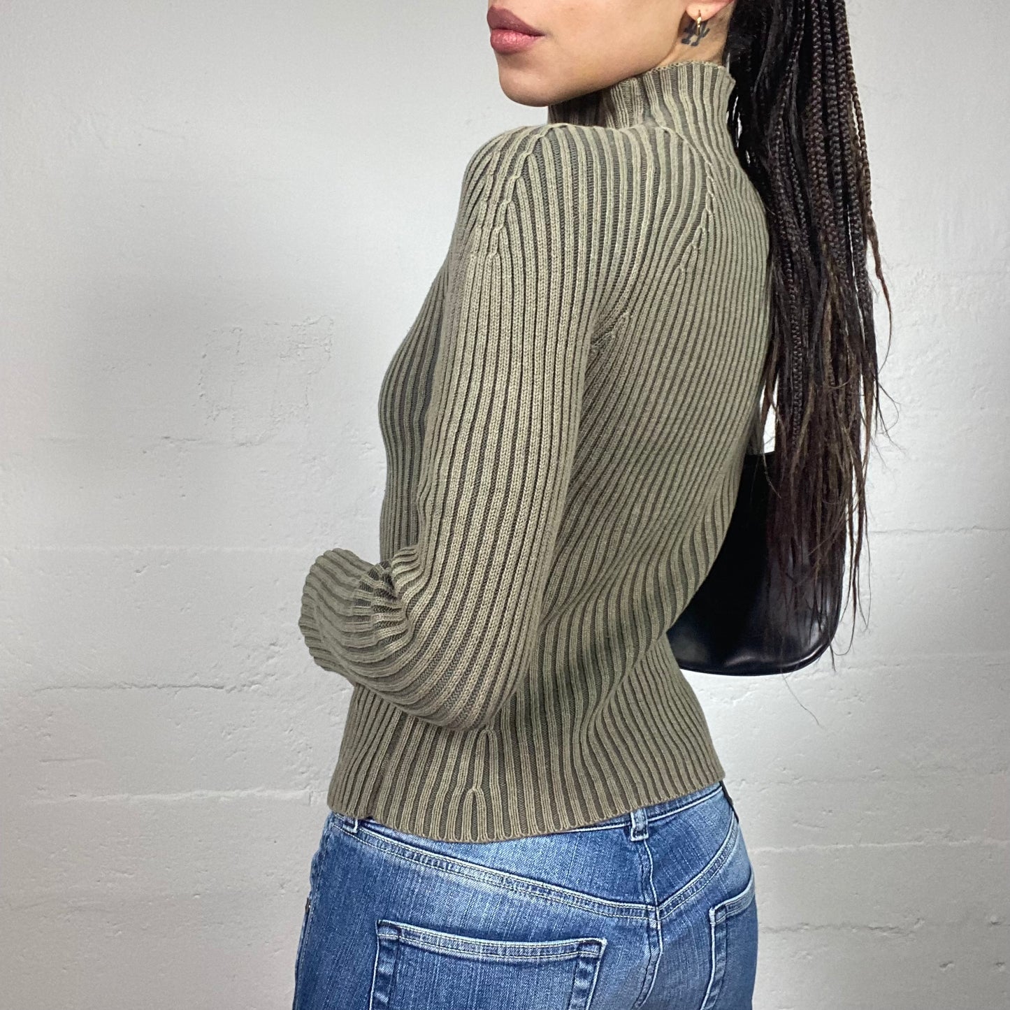 Vintage 2000's Rave Khaki Ribbed Knit Pullover (S)
