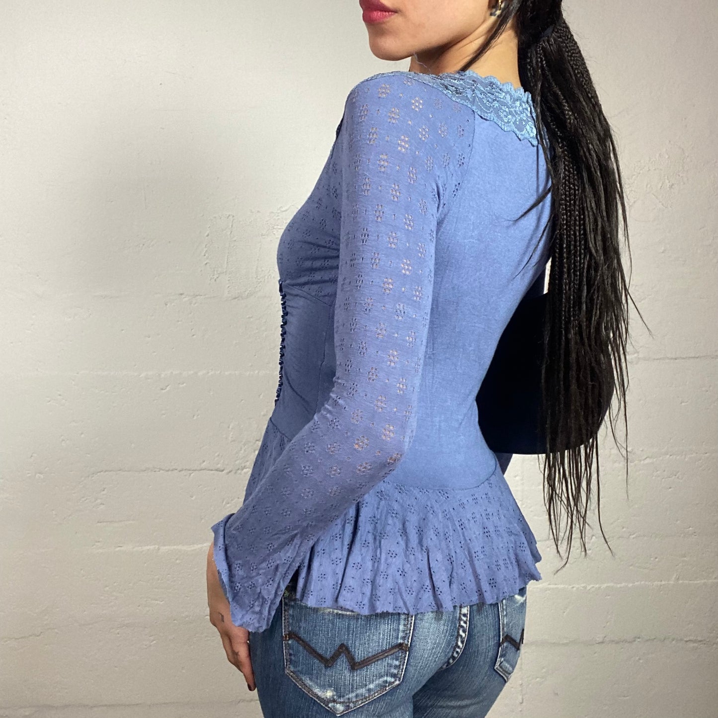 Vintage 2000's Coquette Blue Longsleeve Top with Volant & Lacing Detail (S)