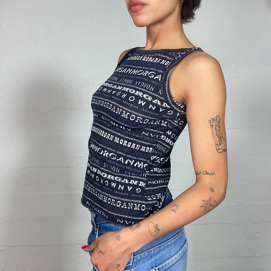 Vintage 2000's Morgan Archive Black Tank Top with White Monogram Print (S)