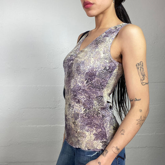 Vintage 2000's Romantic Girl Camel Top with Purple Floral Print Covering (S/M)