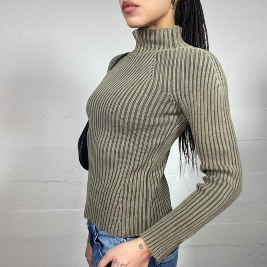 Vintage 2000's Rave Khaki Ribbed Knit Pullover (S)
