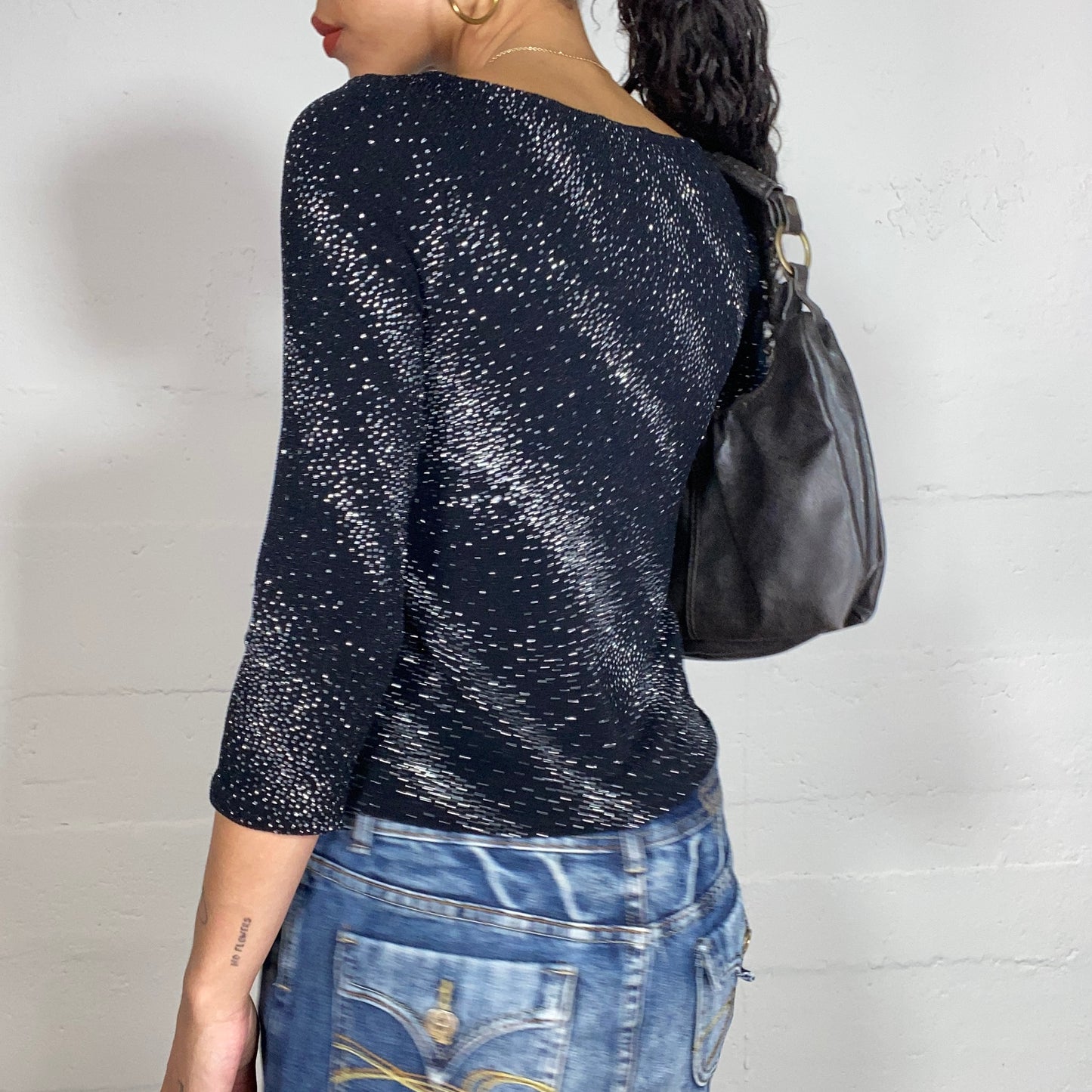 Vintage 2000's Clubwear Black 3/4 Sleeve Top with Glitter Pattern (S)