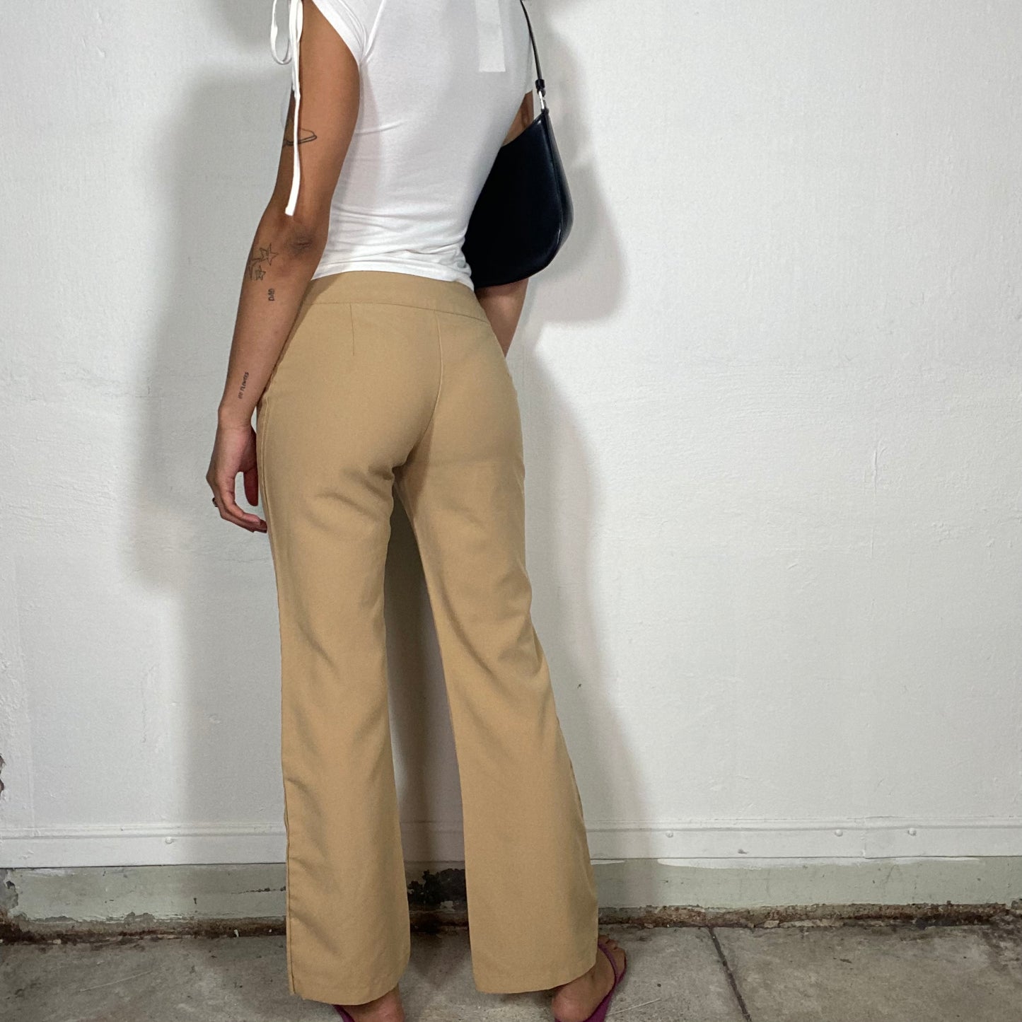 Vintage 2000's Office-Ready Beige Flared Pants with Silver Belt Detail (S)