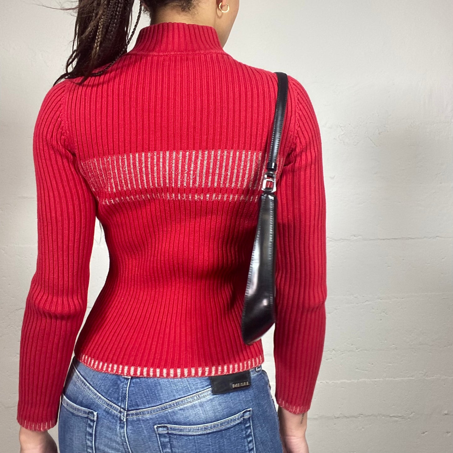 Vintage 2000's Downtown Girl Red Zip-Up Ribbed Knit Hoodie with White Bars Detail (S)