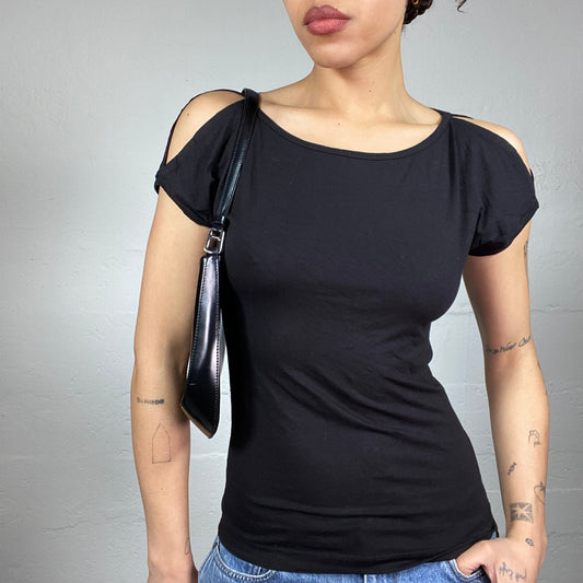 Vintage 2000's Diesel Downtown Girl Black Open Shoulder Top with Green Back Girl Portrait Print (S)