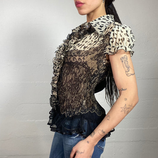 Vintage 2000's Mob Wife Brown Ombré Button Up Shirt with Cheetah Print and Frilled Neckline Detail (S)