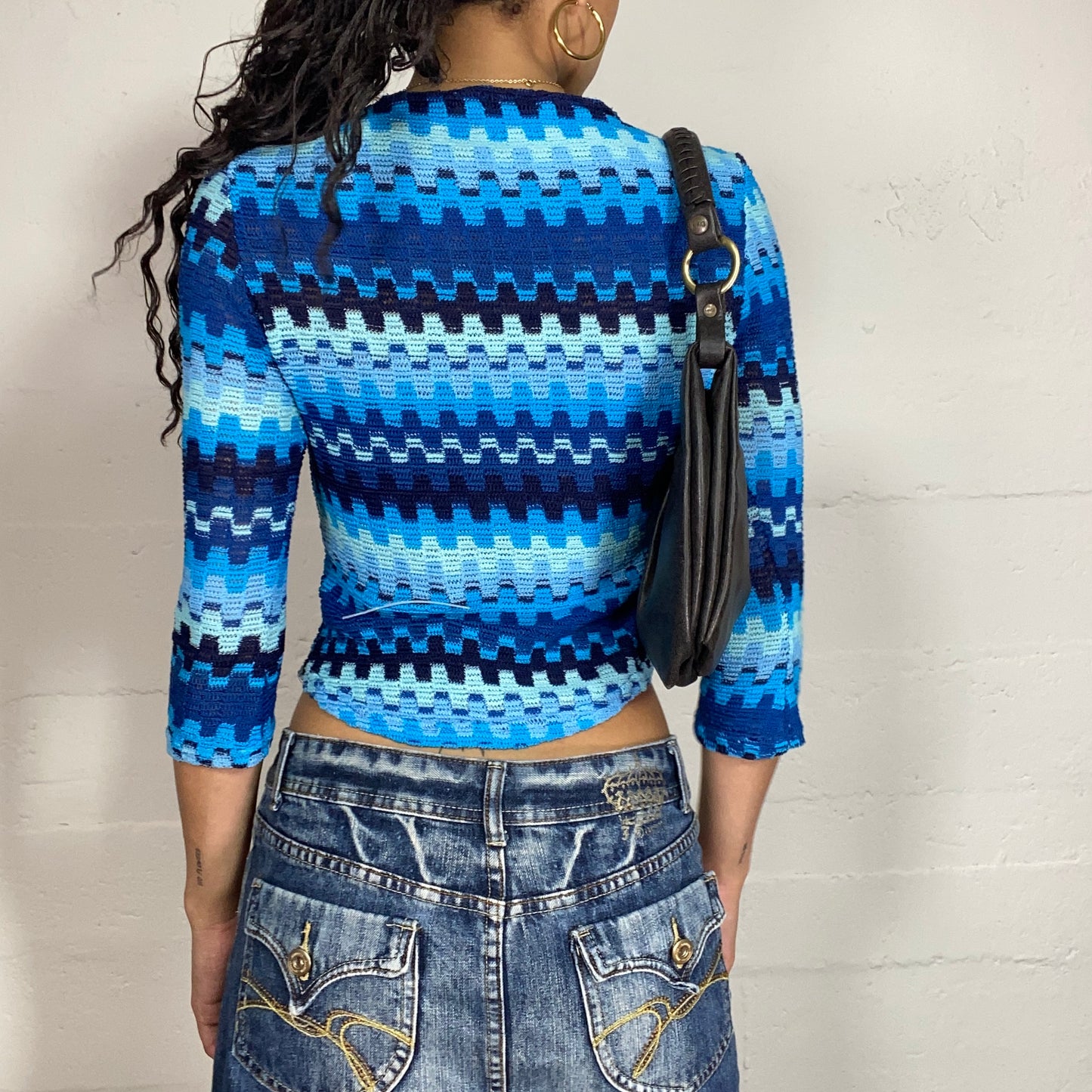 Vintage 2000's Indie Blue 3/4 Sleeve Top with Ethnic Pattern (S)