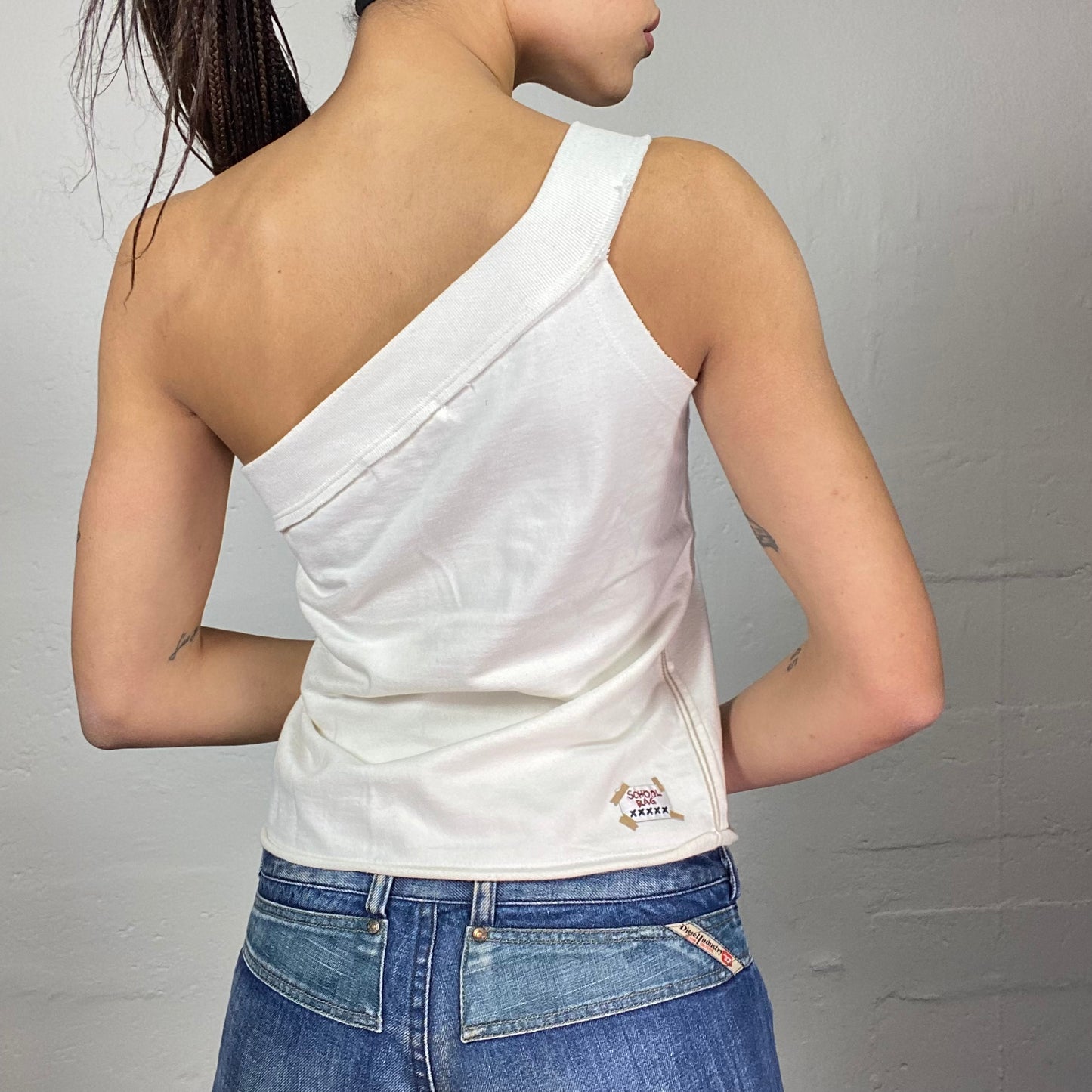 Vintage 2000's Downtown Girl White One Shoulder Top with "School Rag Boxing Team" Print Detail (M)
