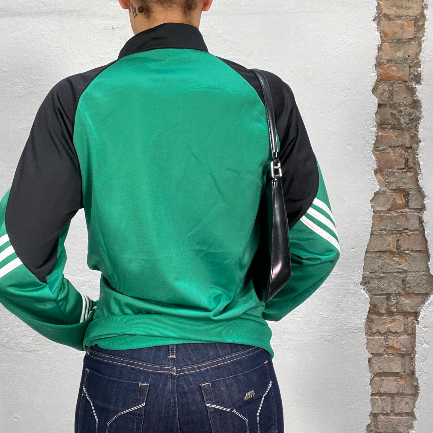 Vintage 2000's Adidas Green Zip Up Sweater with White Stripes (S/M)